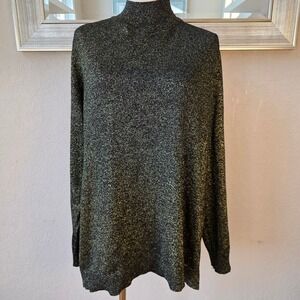Calvin‎ Klein Womens XL Black Gold Metallic Button Shoulder Mock Neck Sweater